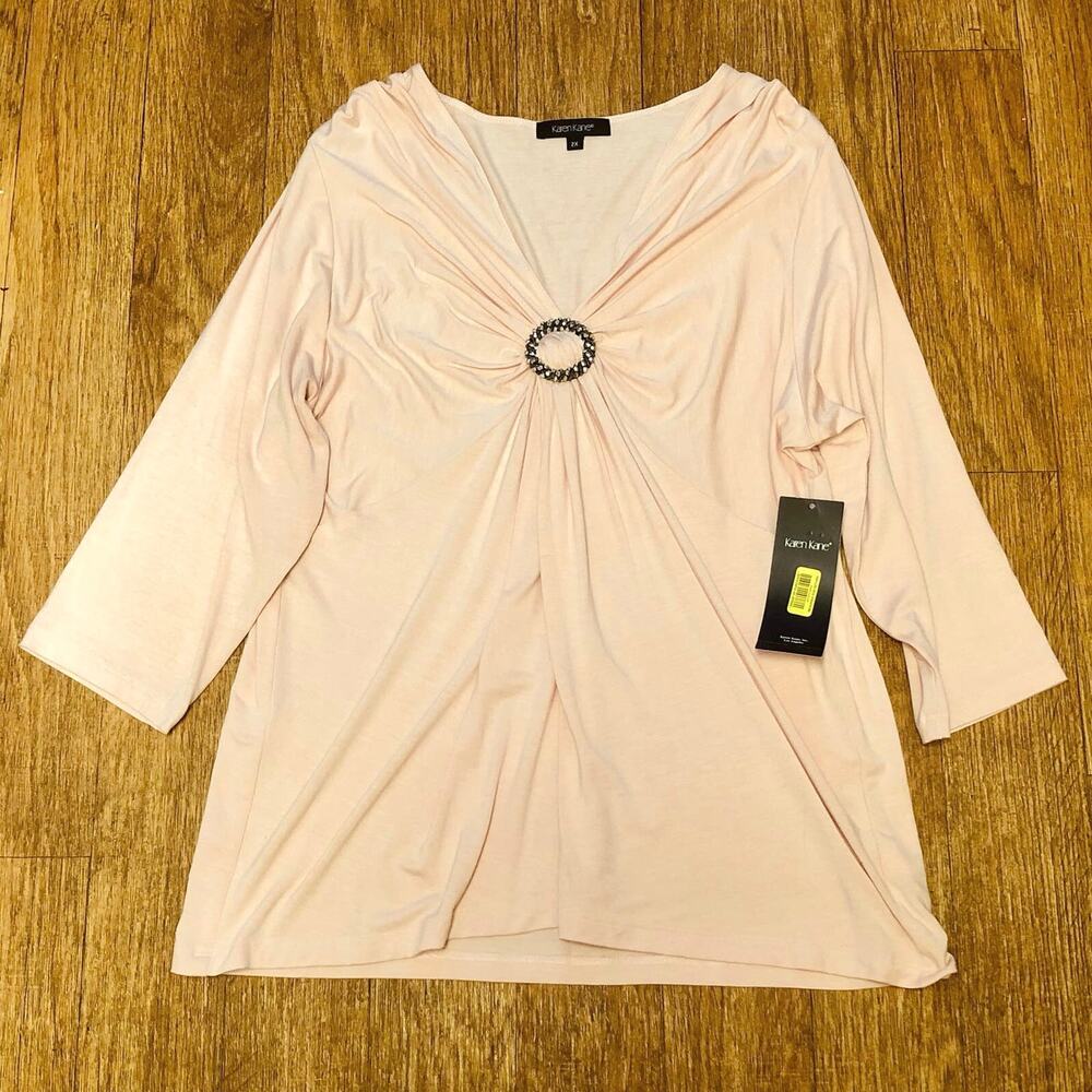 Karen Kane Light Pink Black Pearl Embellished V-Neck Blouse with Buckle Size 2X
